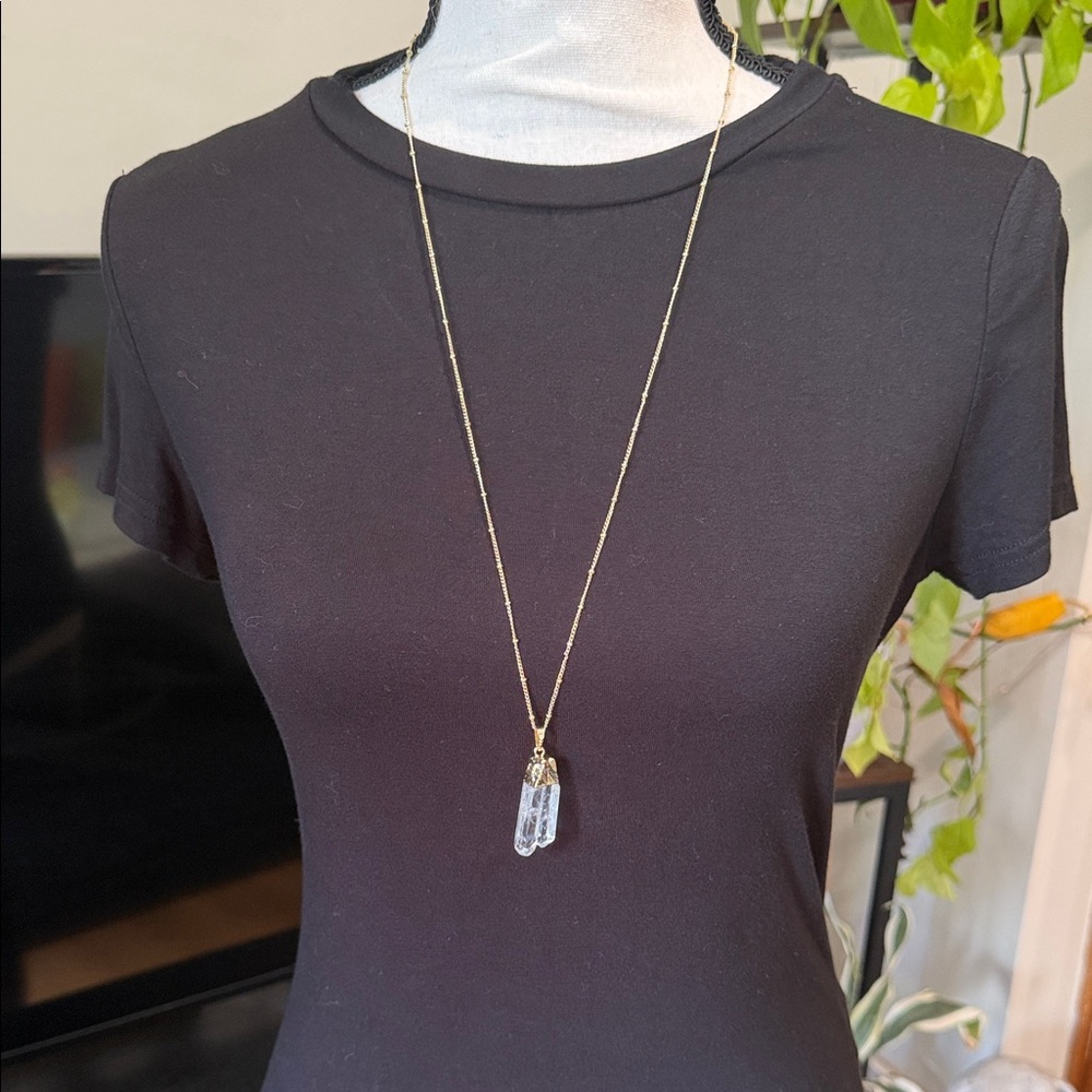 Gold Long Pendant Necklace with Clear Crystal Drops